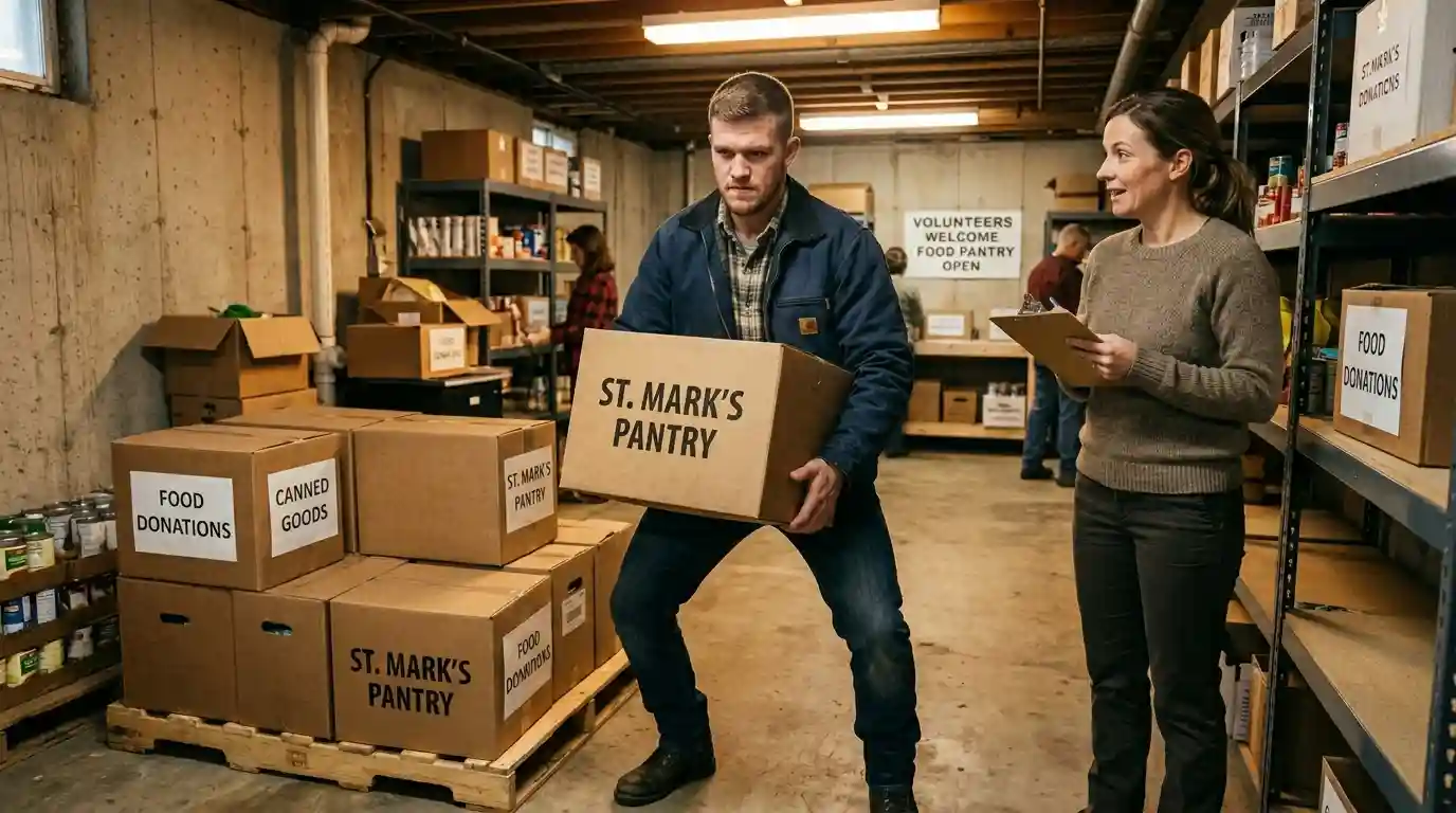 Damon working hard unloading boxes at a church charity while Claire looks on