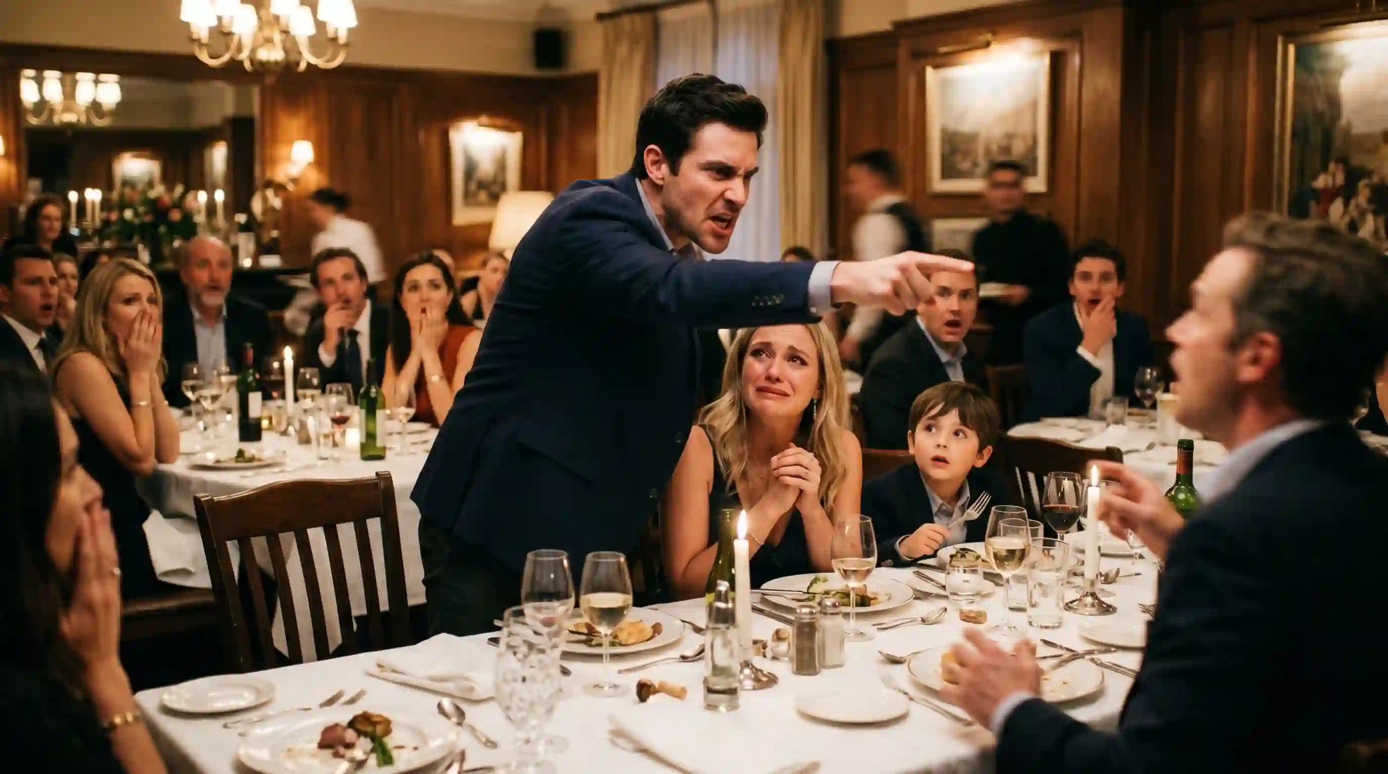 Daniel standing up furiously at the rooftop dinner table