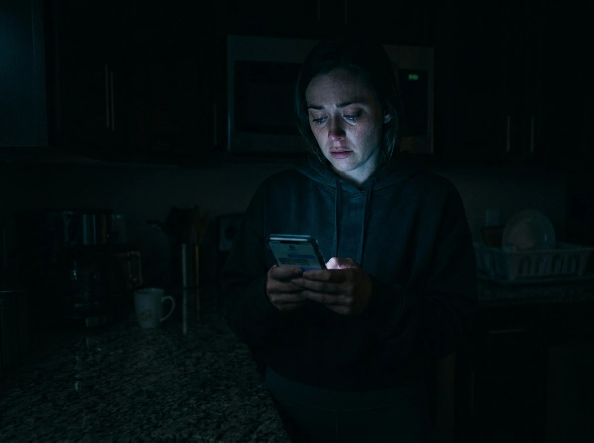 A woman reading a shocking text message on her phone in a dark kitchen