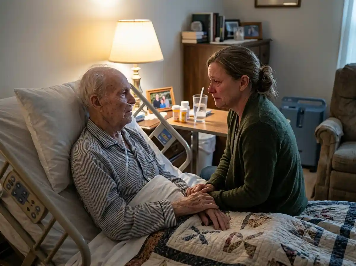 A woman sitting beside a frail elderly man in a bed, looking at each other with deep emotion.