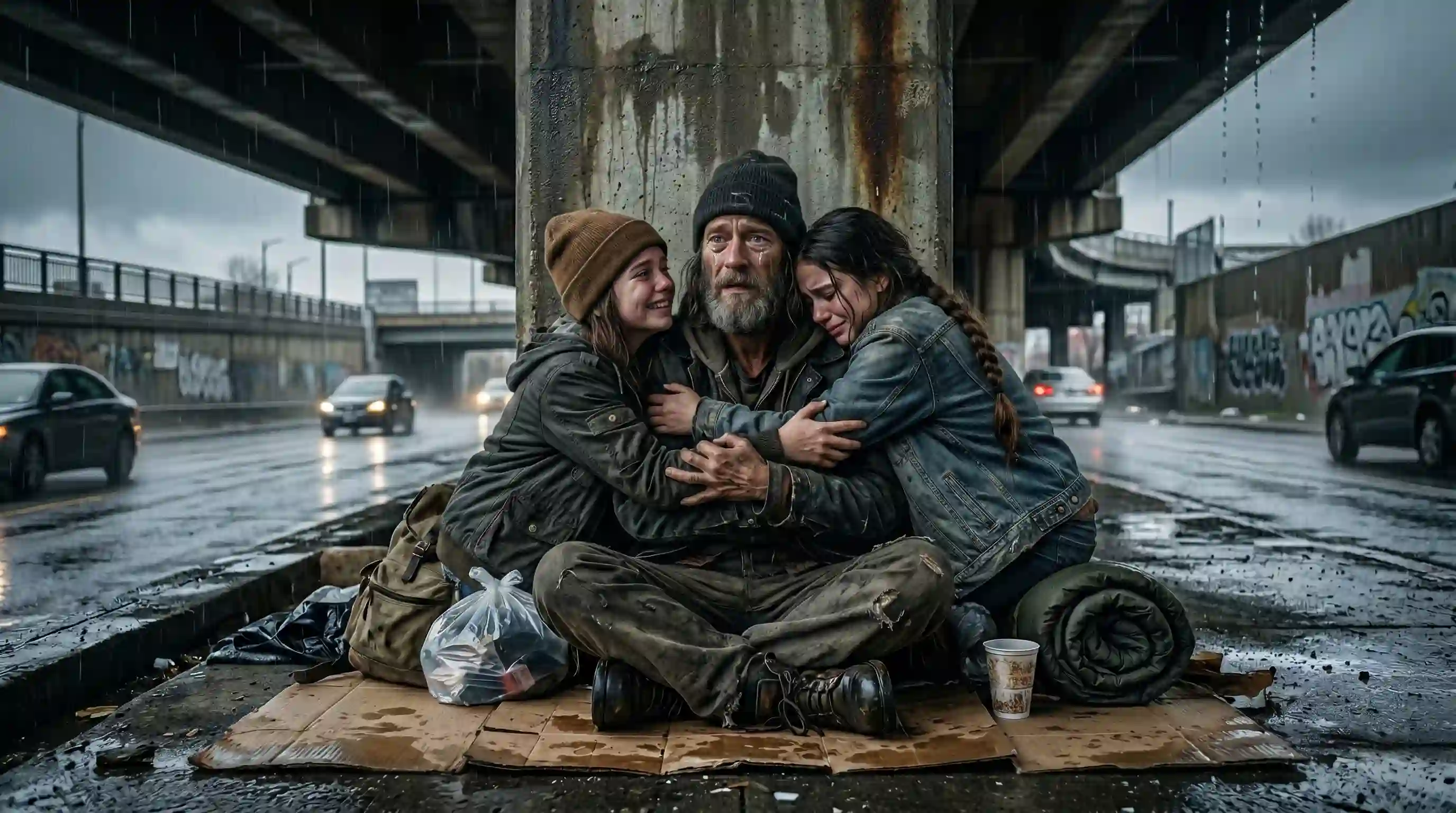 Two teenage girls tearfully hugging their homeless father
