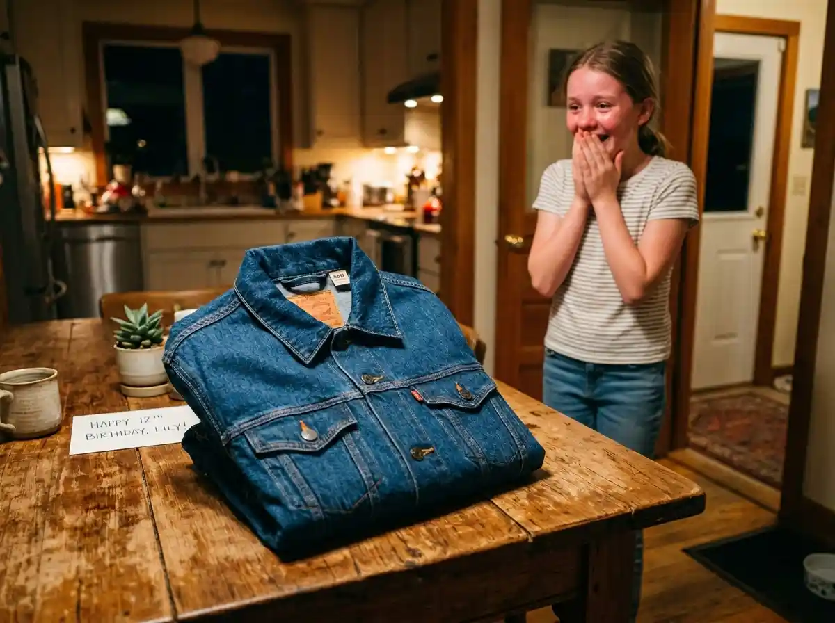 A new denim jacket folded on a table as a young girl looks at it in shock