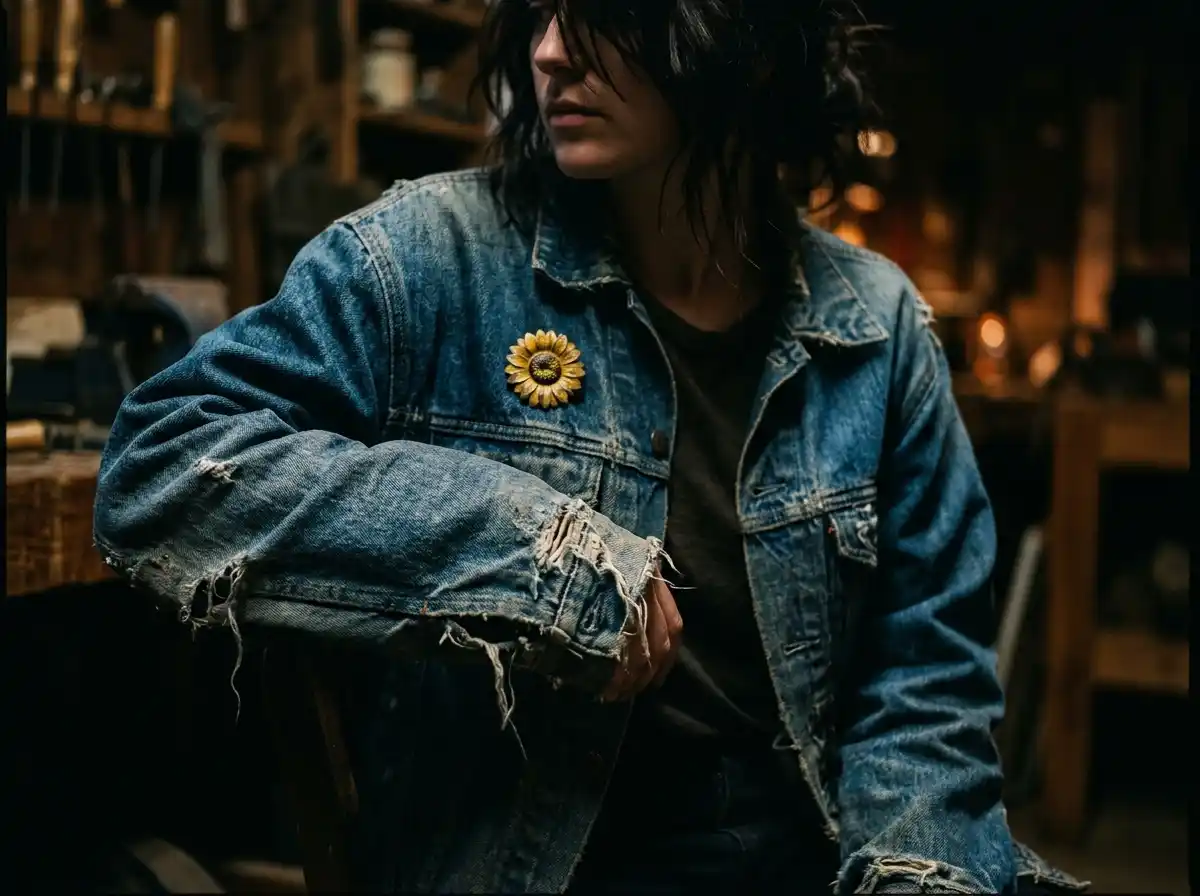 A worn denim jacket with a torn cuff and a faded sunflower pin