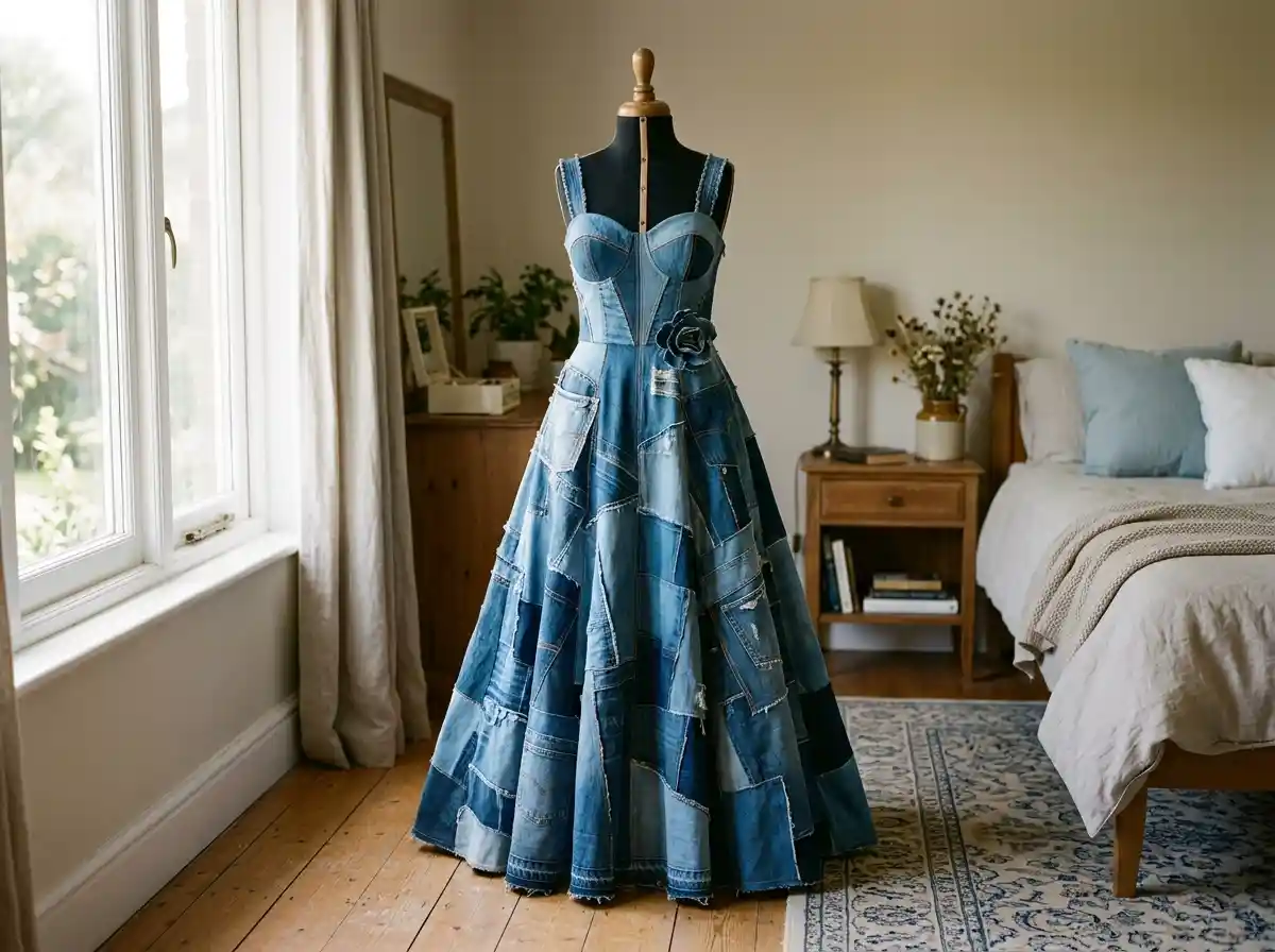 A beautiful upcycled prom dress made from patchwork denim