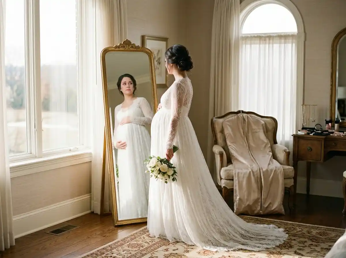 Pregnant bride looking in the mirror with a look of realization