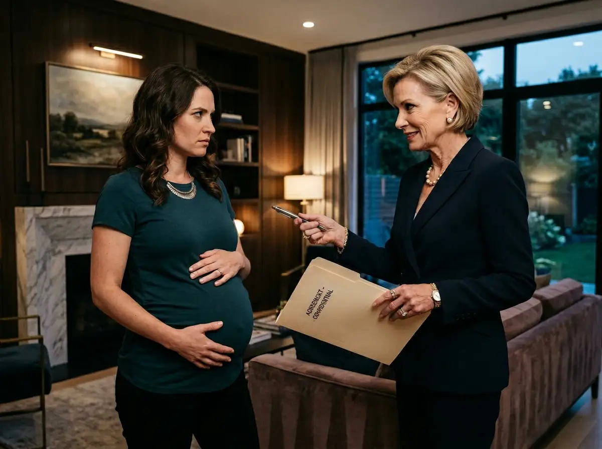 Mother-in-law Diane offering legal papers to Olivia