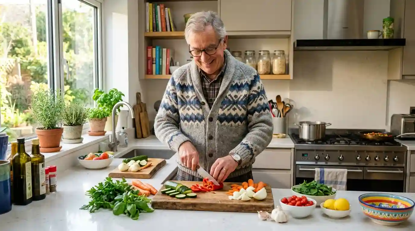 Arthur chopping fresh vegetables in a bright kitchen