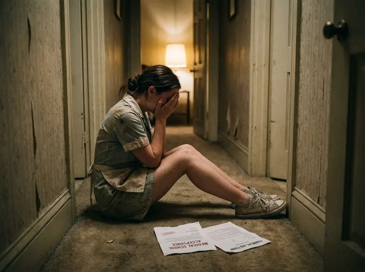 A young woman in a diner uniform crying in a hallway with a letter
