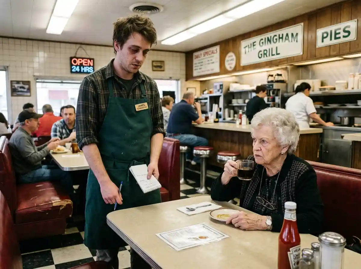 Mrs. Rhode looking critically at an exhausted James in the diner