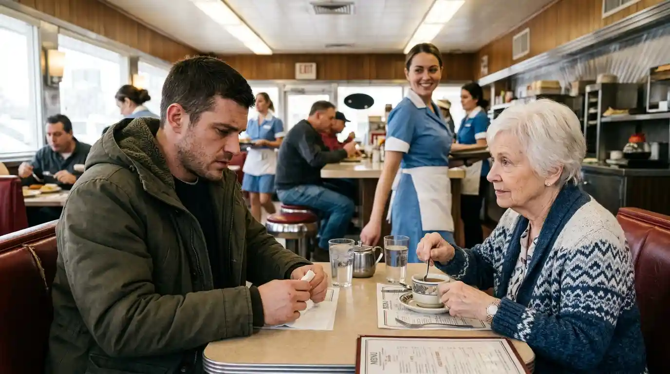 Damon looking guilty in a new winter coat while Evie smiles at him in a diner