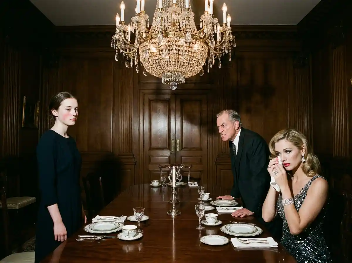 A dramatic confrontation in a luxurious dining room with a crystal chandelier