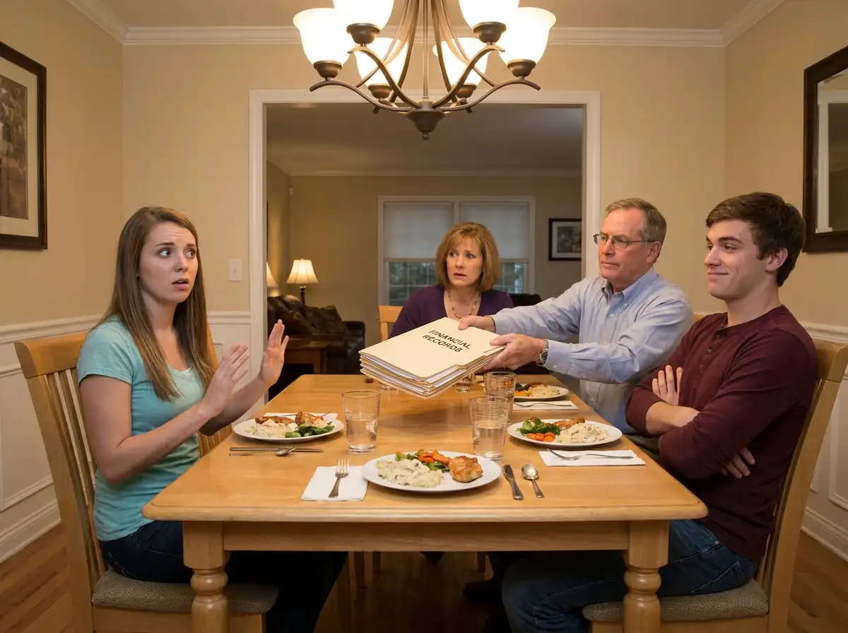 A tense family dinner where parents push mortgage documents toward their shocked daughter.