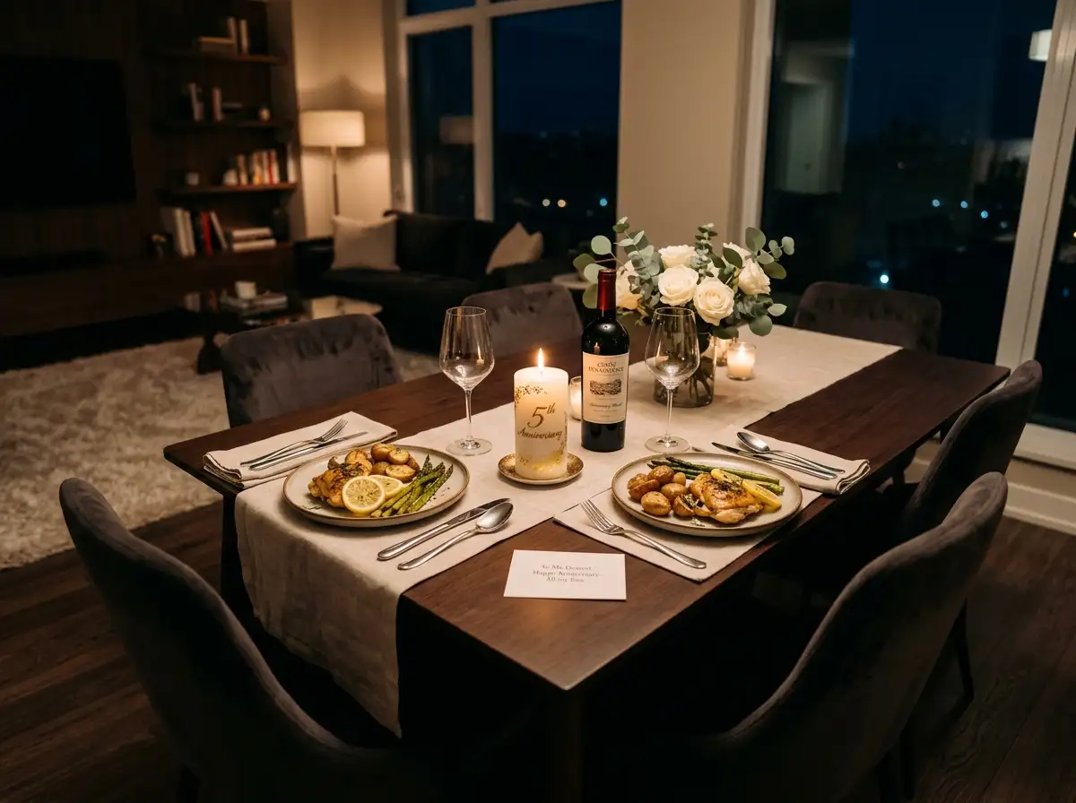 A perfectly set dinner table for two with untouched food and a lit candle