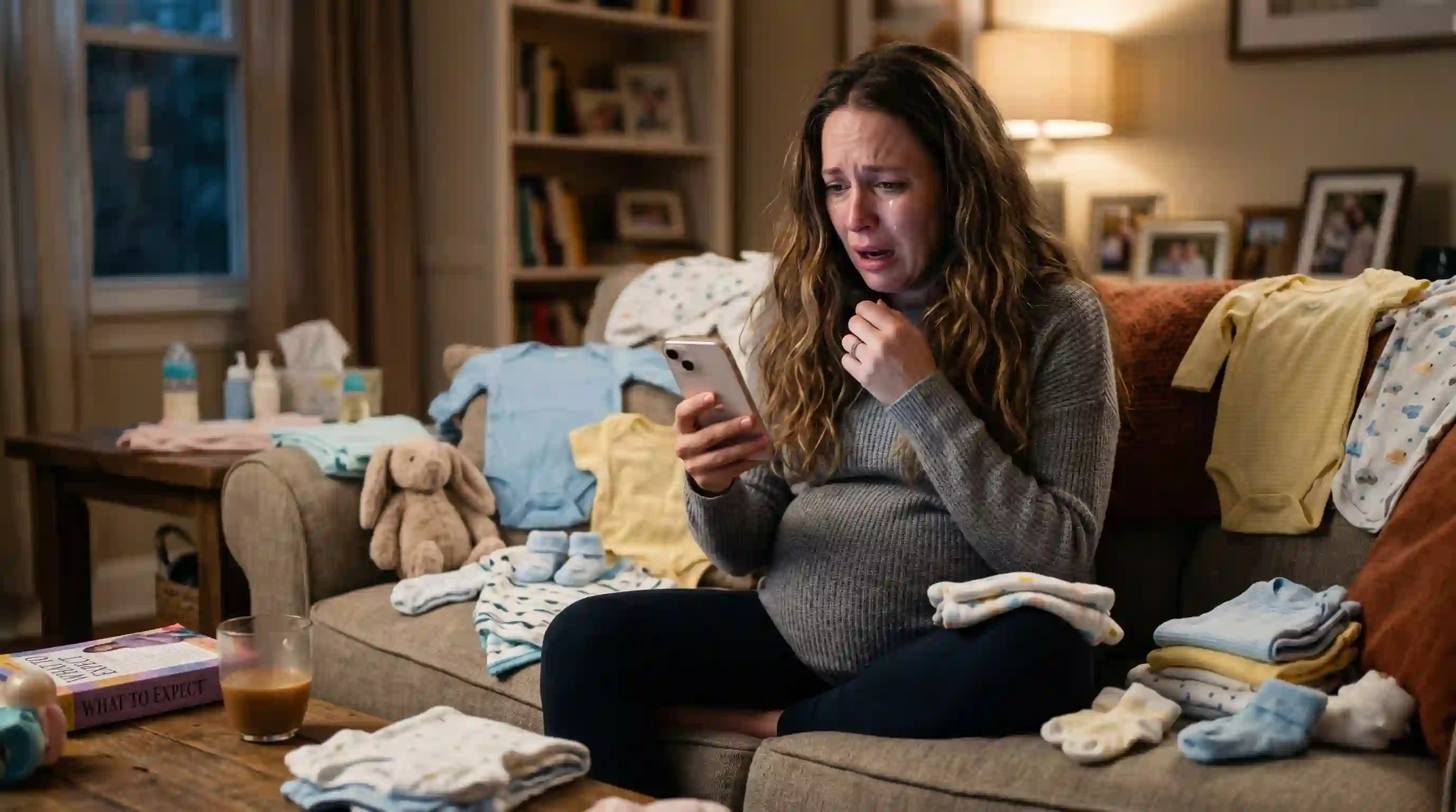 Pregnant woman crying while looking at a smartphone on the couch