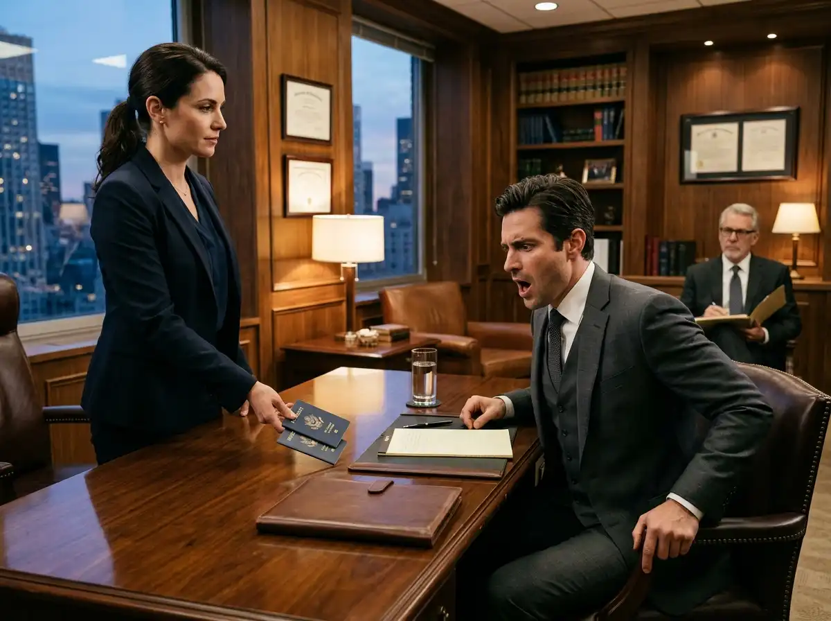 A woman placing passports on a lawyer's desk while her ex-husband looks shocked.
