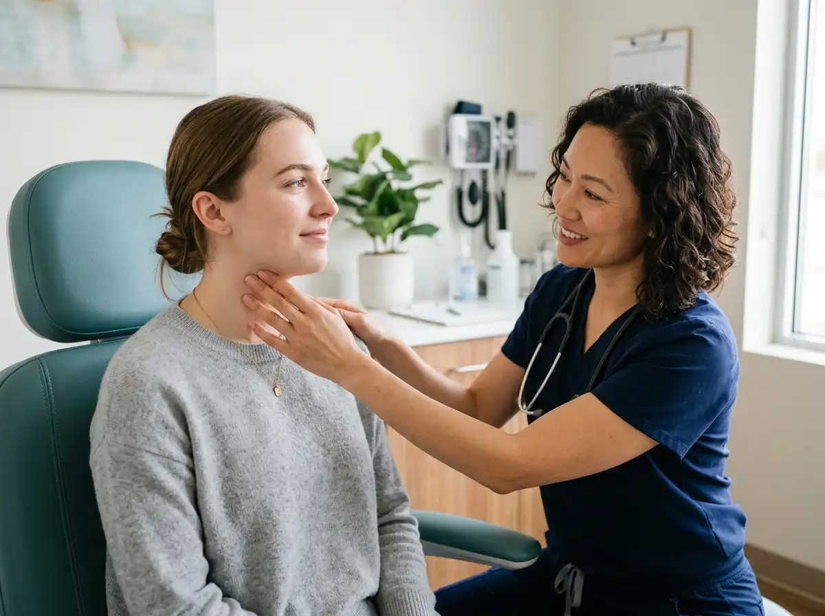 Doctor gently examining a patient's neck lymph nodes in a bright clinic