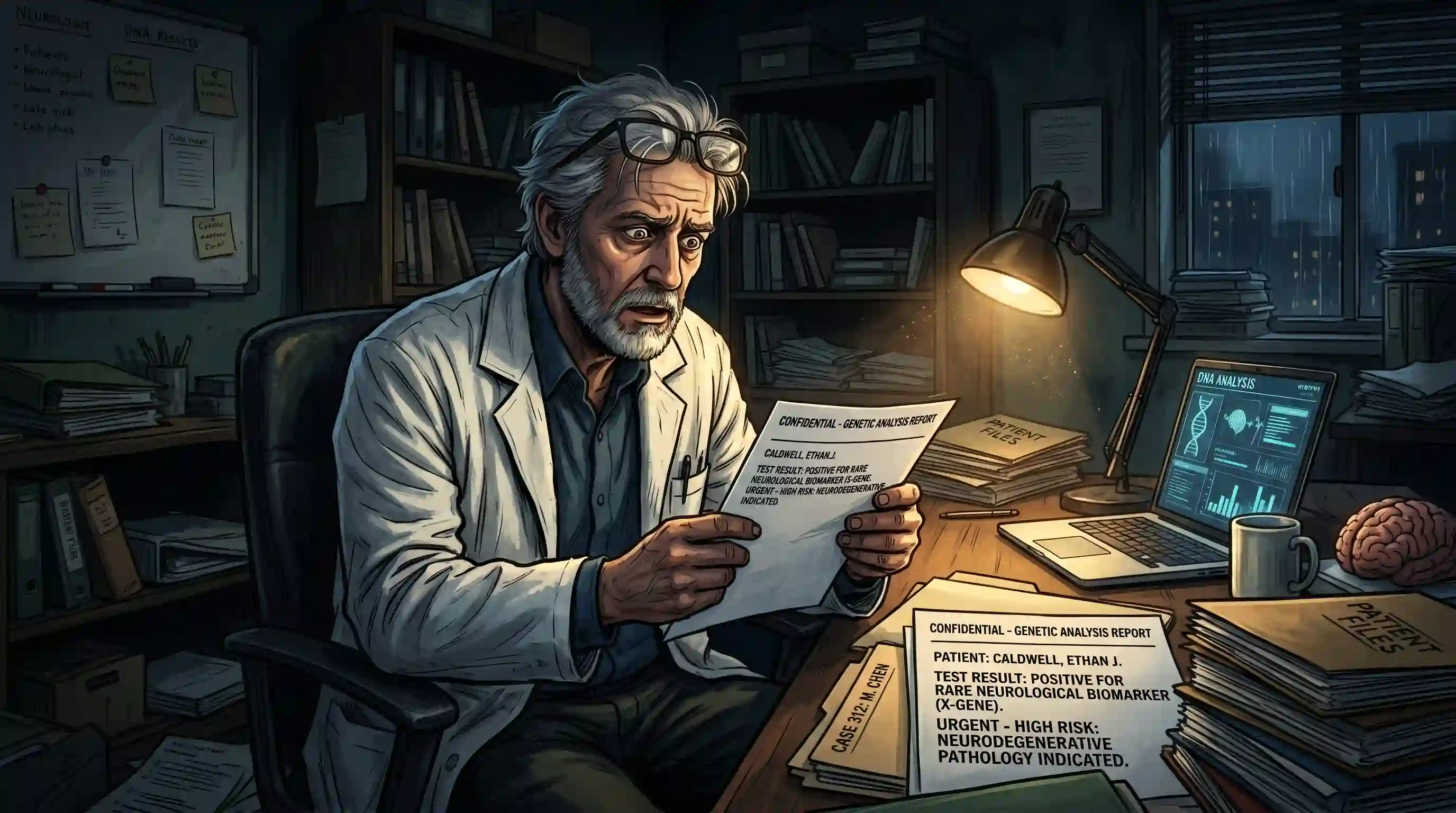 Illustration of Dr. Caldwell staring in horror at DNA lab results