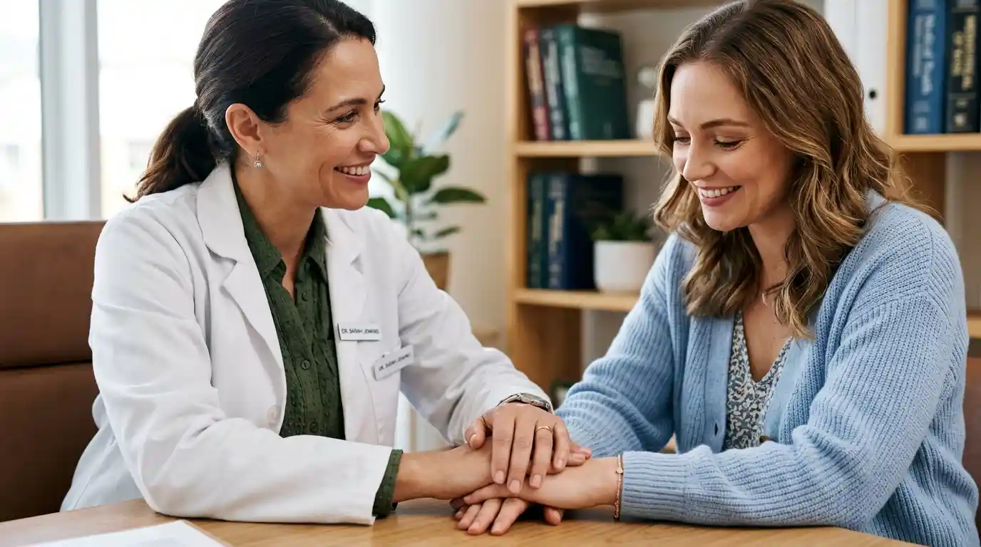 Dr. Sarah warmly holding Clara's hand across the desk to reassure her.