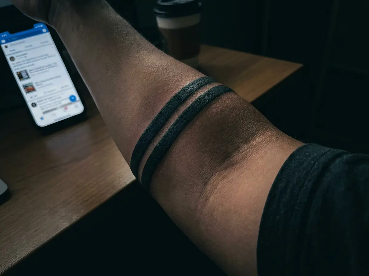Close up of a double black band tattoo perfectly symmetrical on a bicep