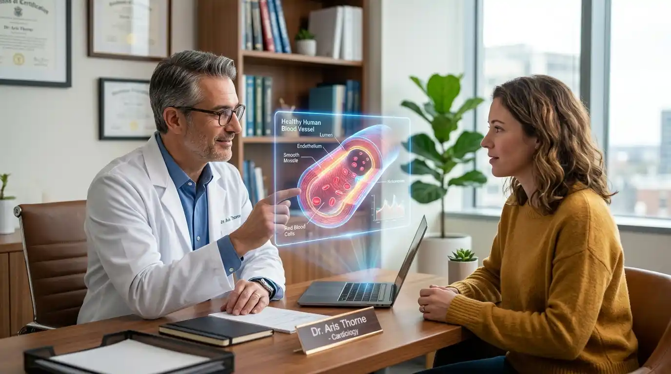 Dr. Aris explaining a blood vessel diagram to Sarah in his office
