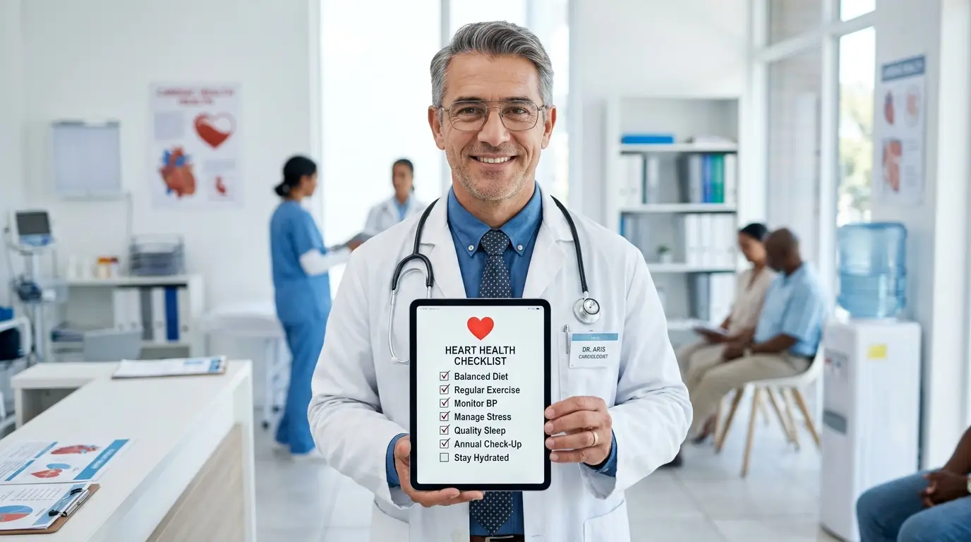 Dr. Aris holding a digital tablet with a medical warning checklist