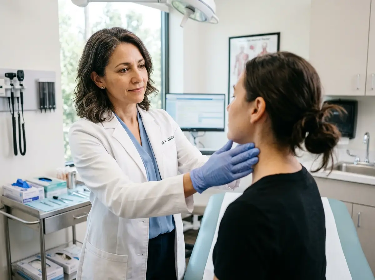 Dr. Elena Vance gently examining the neck and lymph nodes of a patient