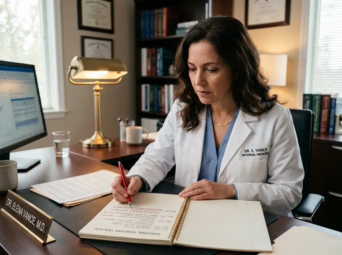 Dr. Elena Vance reviewing a patient symptom tracker journal at her desk