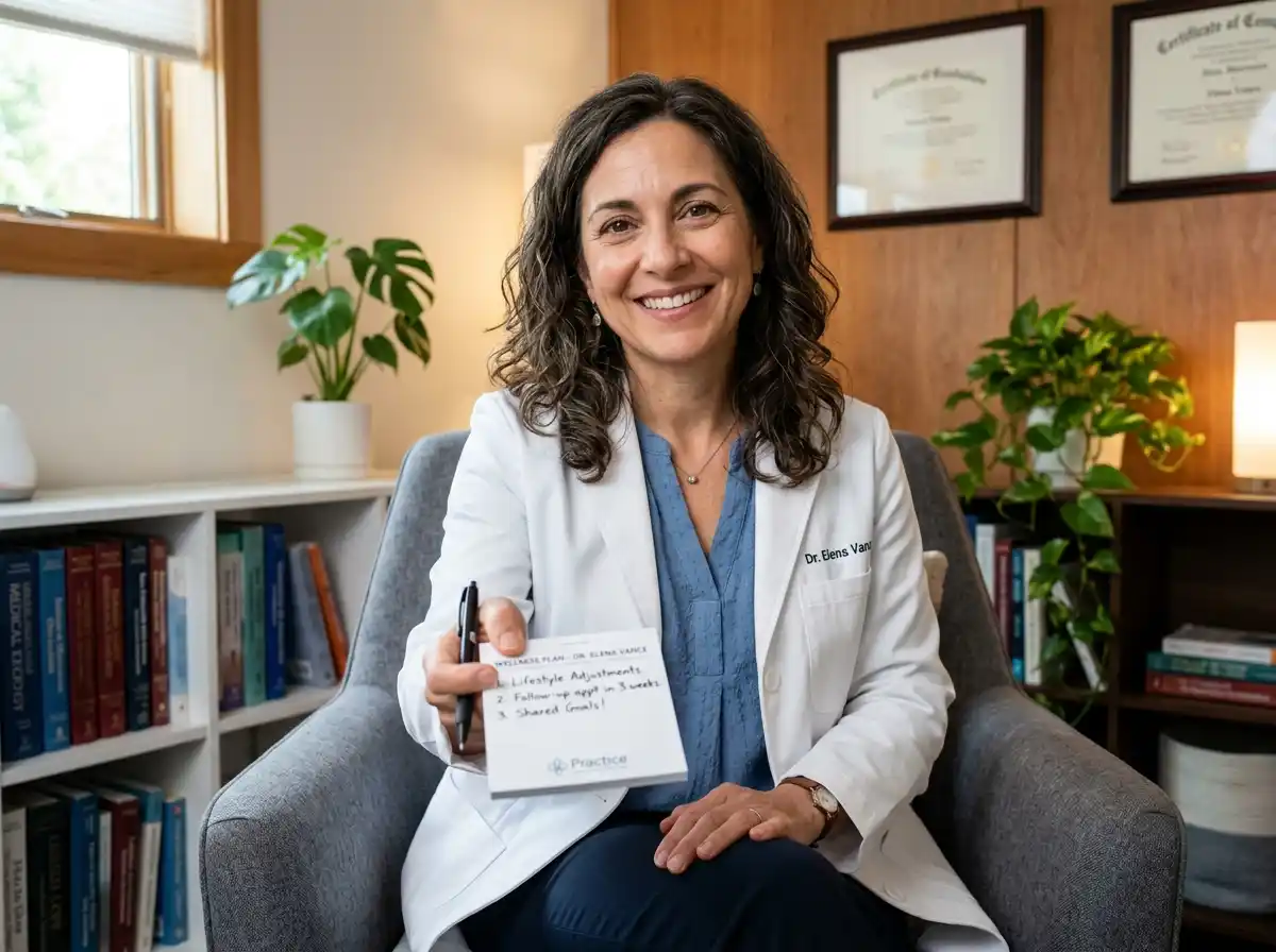 Dr. Elena Vance smiling warmly and reassuringly during a consultation