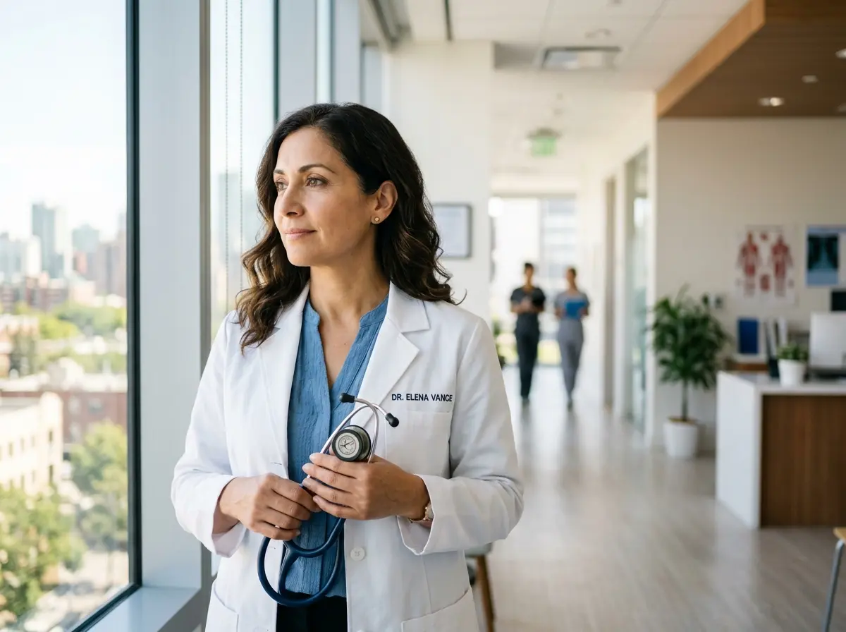 Dr. Elena Vance looking thoughtfully out a window in a clinic