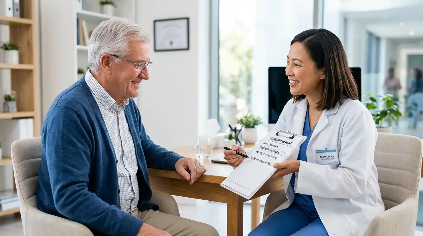 Dr. Sarah and Arthur reviewing his medication list together in a bright clinic