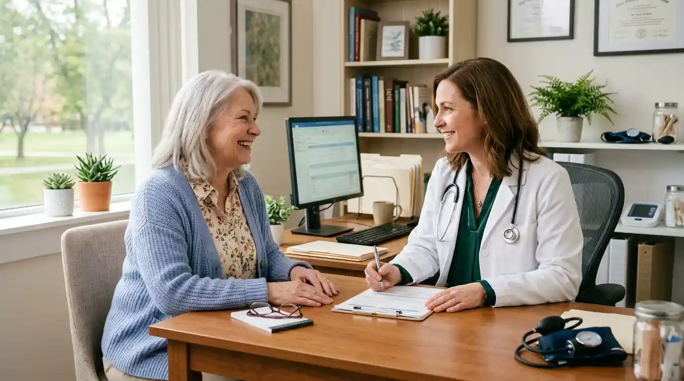 Clara having an open, reassuring conversation with her doctor, Dr. Sarah, in a bright clinic.