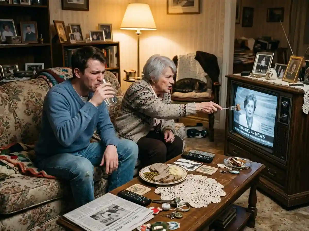 James and Mrs. Rhode eating dry meatloaf and watching TV together