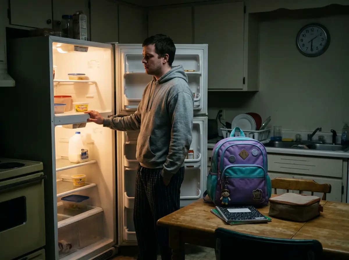 A young man looking into a sparse refrigerator early in the morning