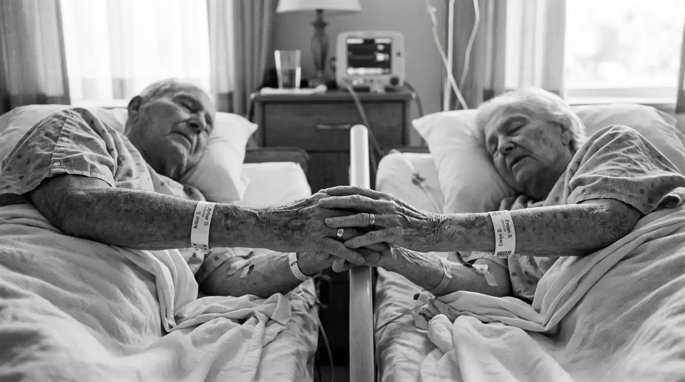 Arthur and Evelyn holding hands across their hospital beds in their final hours.