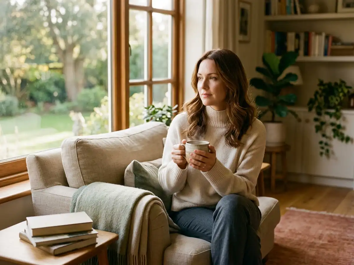 A serene and elegant woman sitting quietly by a window, representing emotional balance
