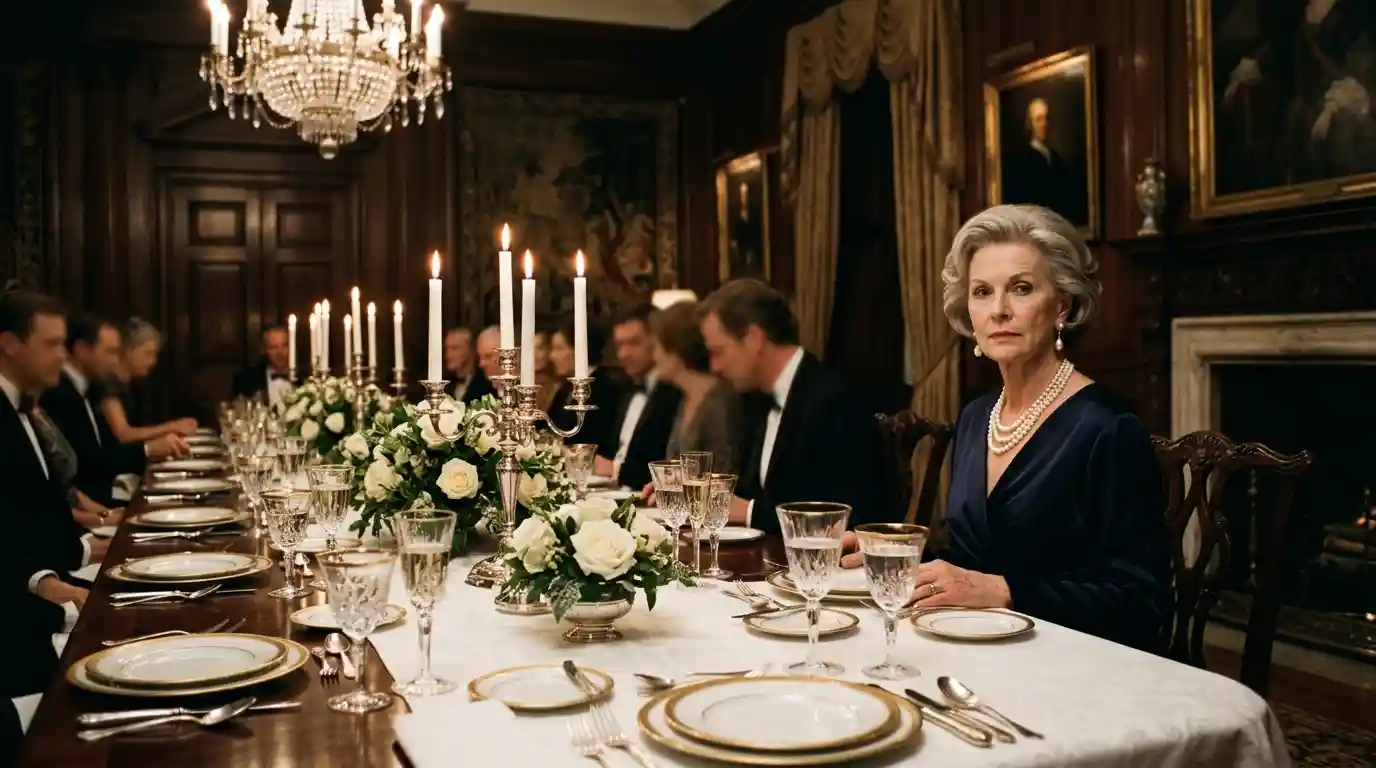 An elegant dining table set for a formal dinner with an older woman at the head