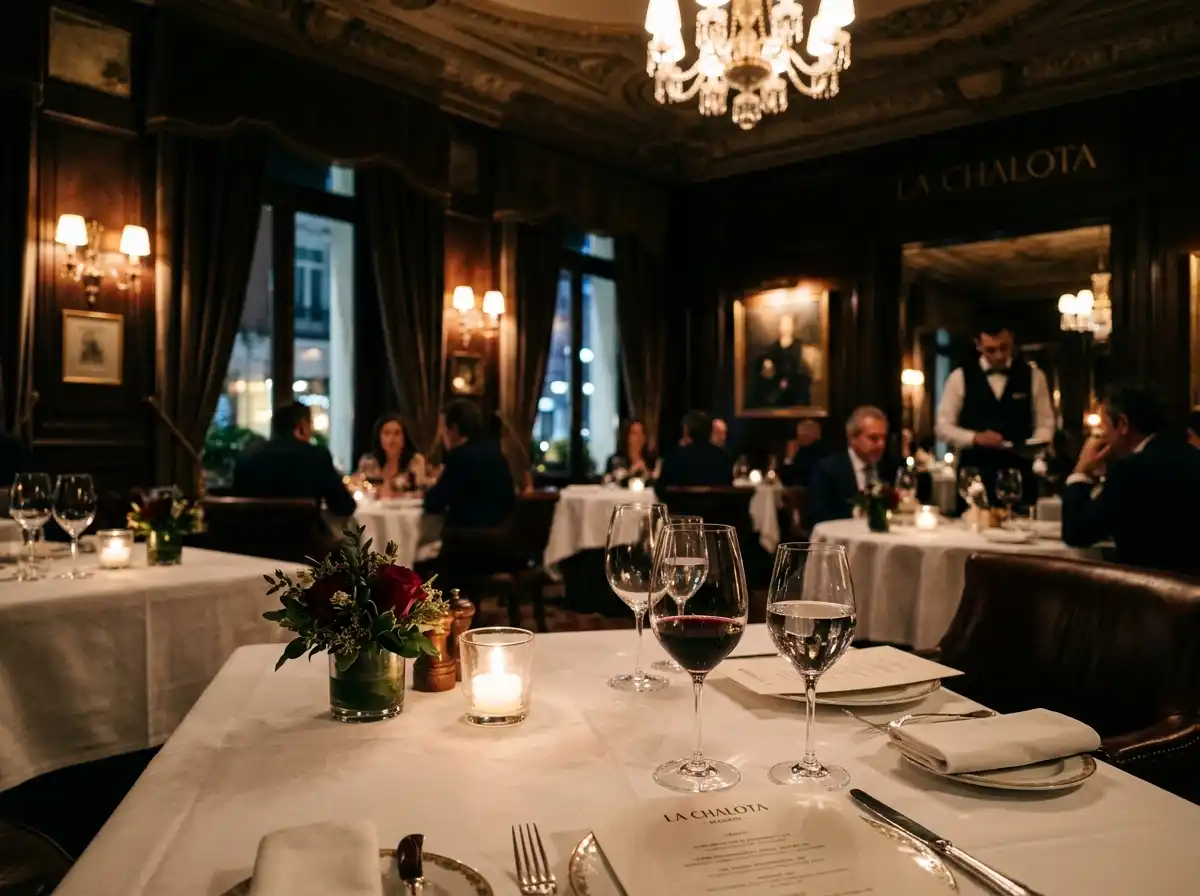 An elegant, dimly lit restaurant in Madrid with crystal glasses and white tablecloths