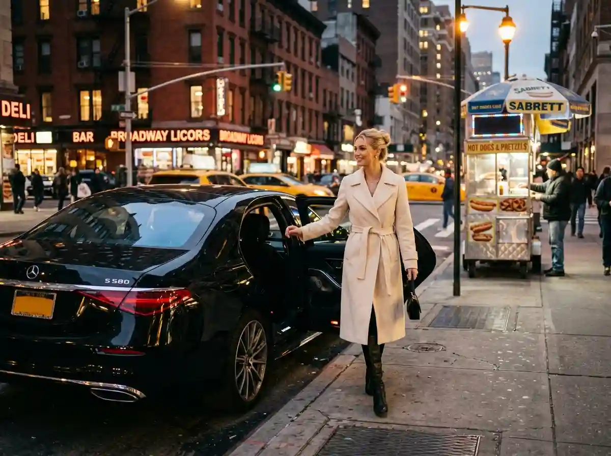 A tall, elegant blonde woman stepping out of a luxury black car near a city sidewalk.
