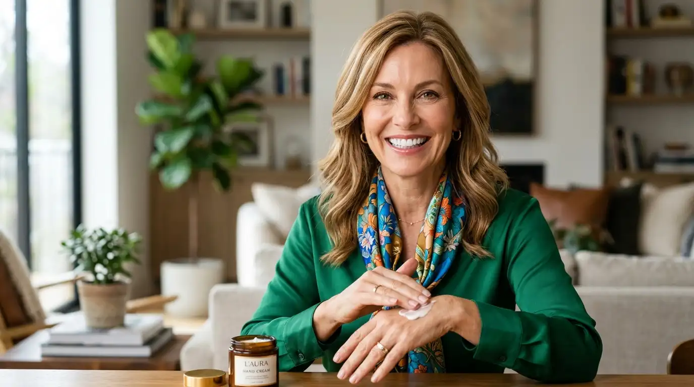 Elena smiling beautifully while applying a luxurious hand cream, wearing a stylish green blouse.