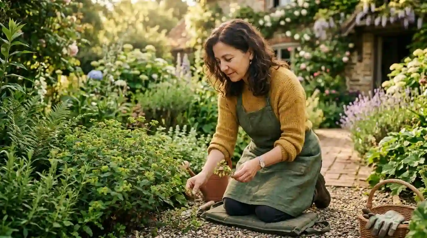 Elena kneeling in her garden carefully examining the Santa Lucia herb
