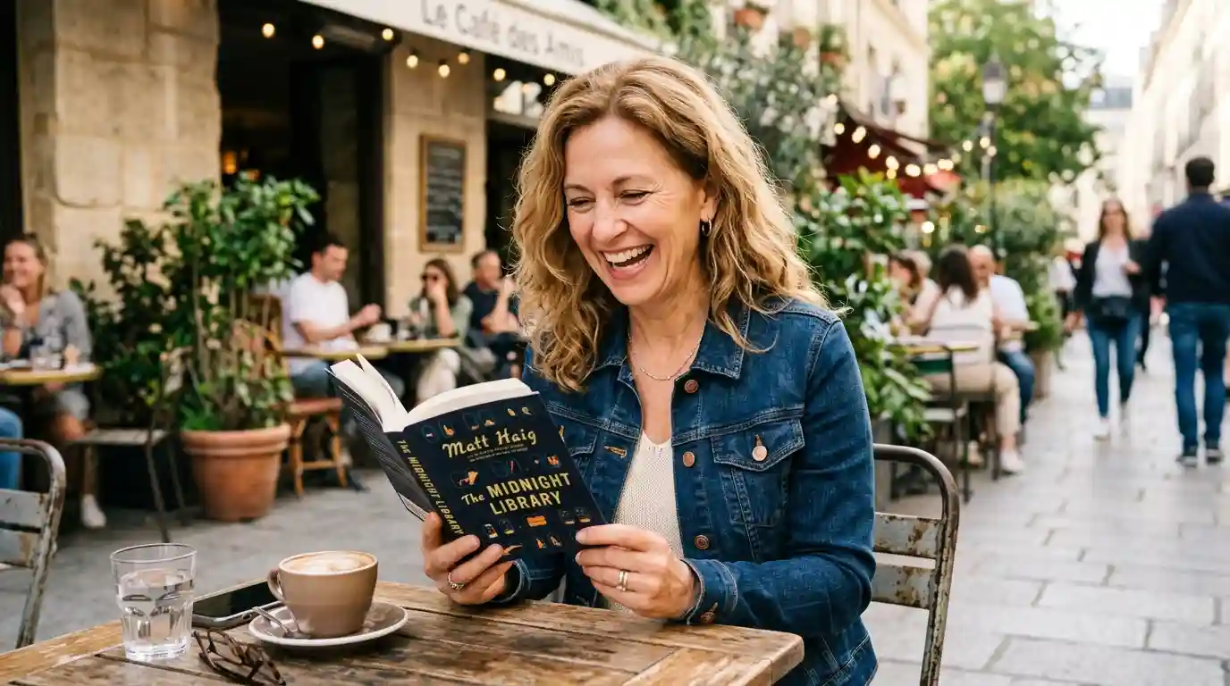 Elena laughing joyfully while reading a book at a sunny outdoor cafe.