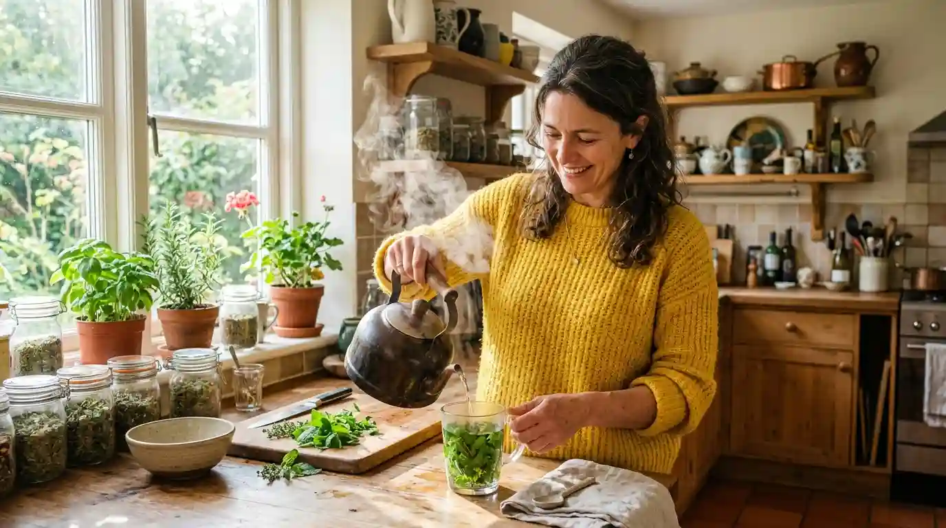 Elena pouring hot water over fresh herbs in a glass mug