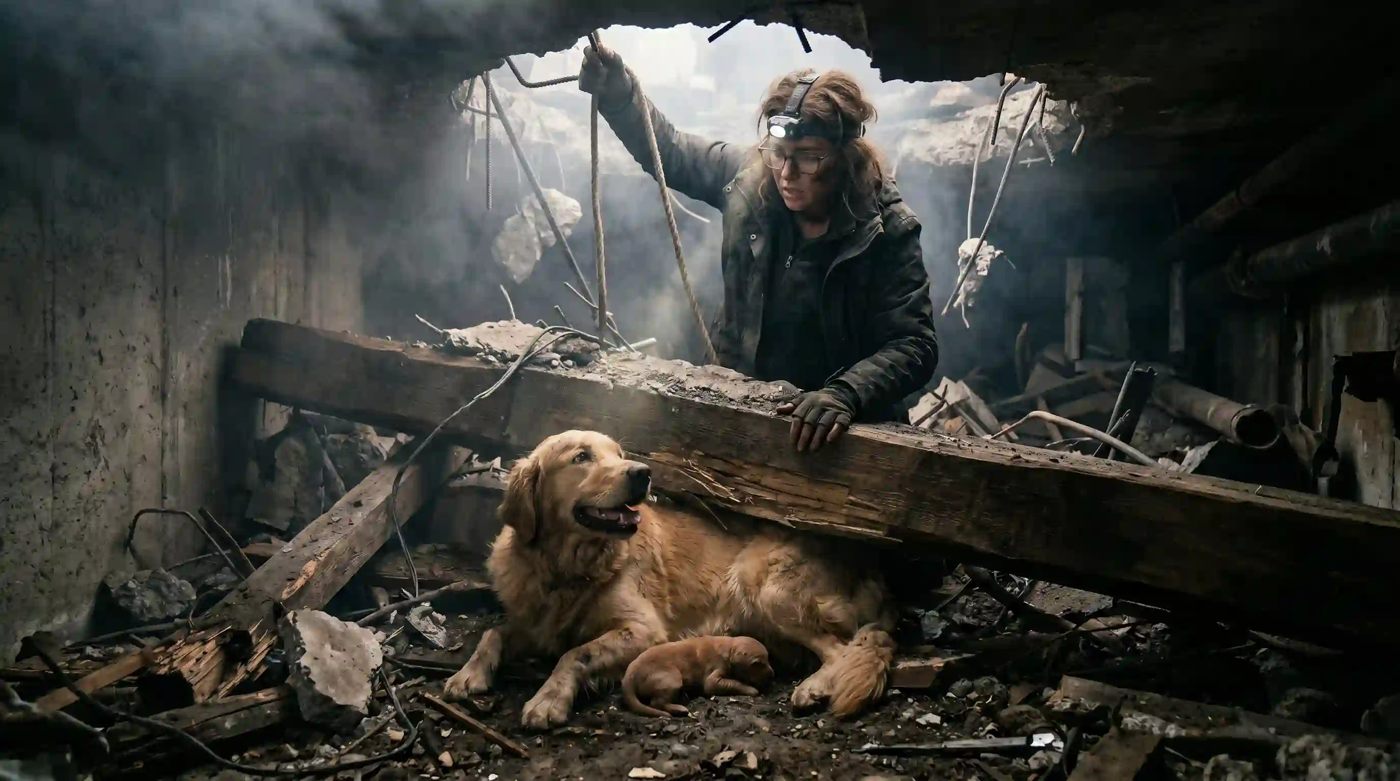 Elena covered in soot climbing into a collapsed sub-basement to save her dog and puppies