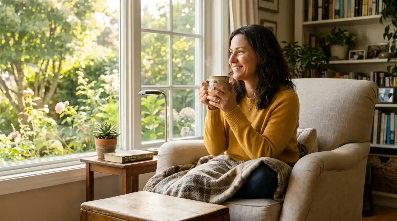 Elena sitting comfortably by a window, smiling as she sips her herbal tea