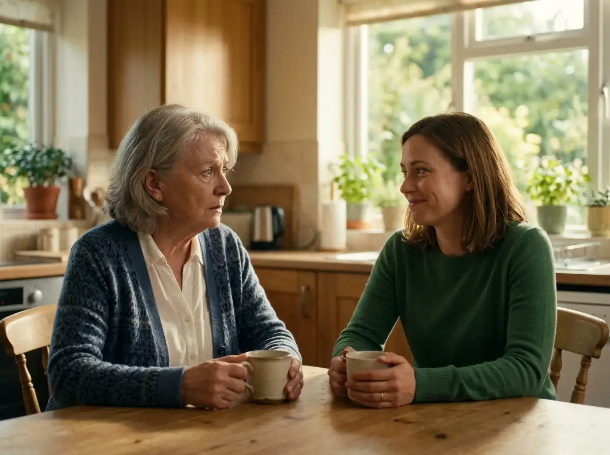 A mother and daughter sitting at a kitchen table drinking tea