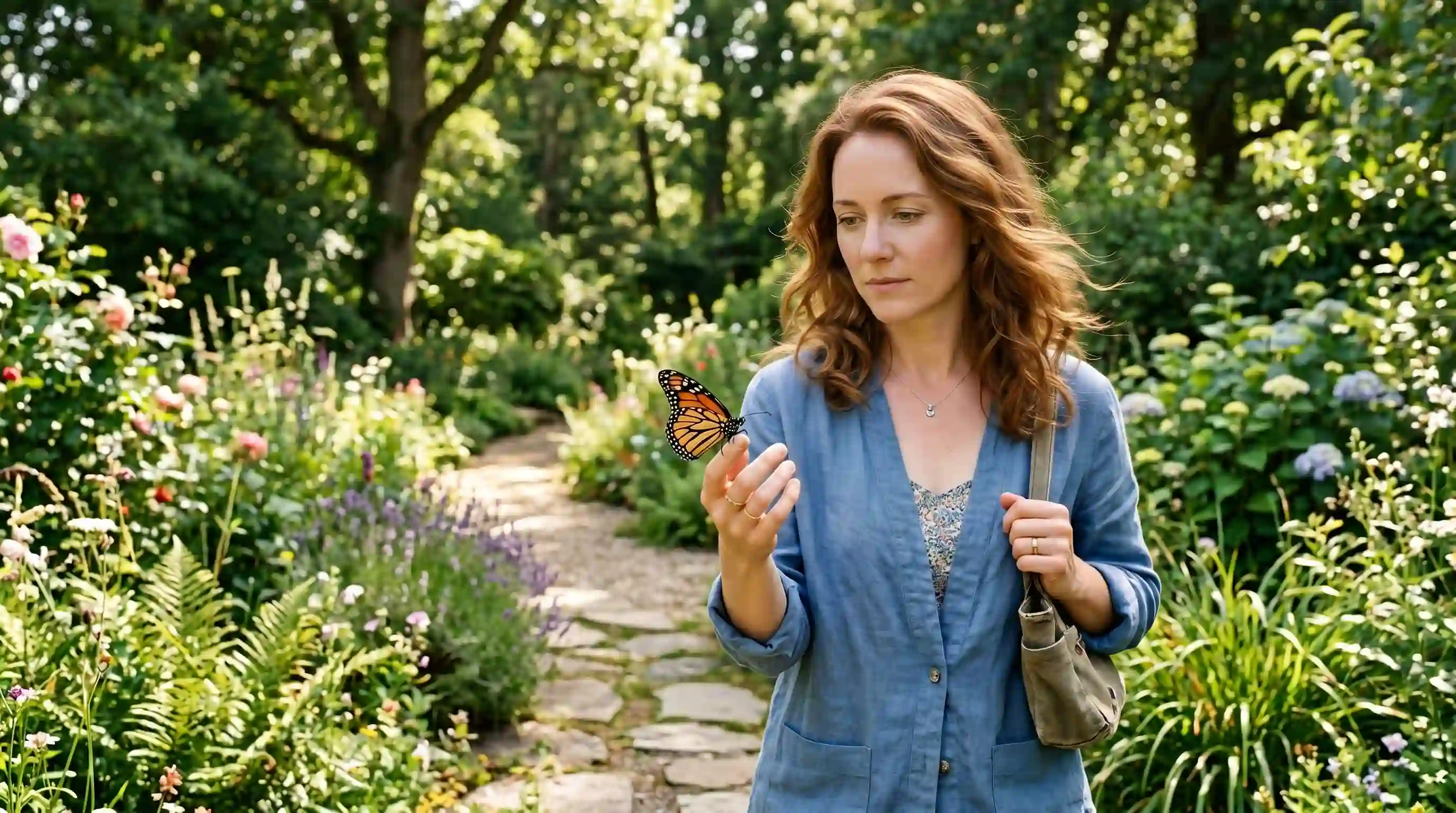 Woman in a sunlit garden with a beautiful butterfly landing on her hand