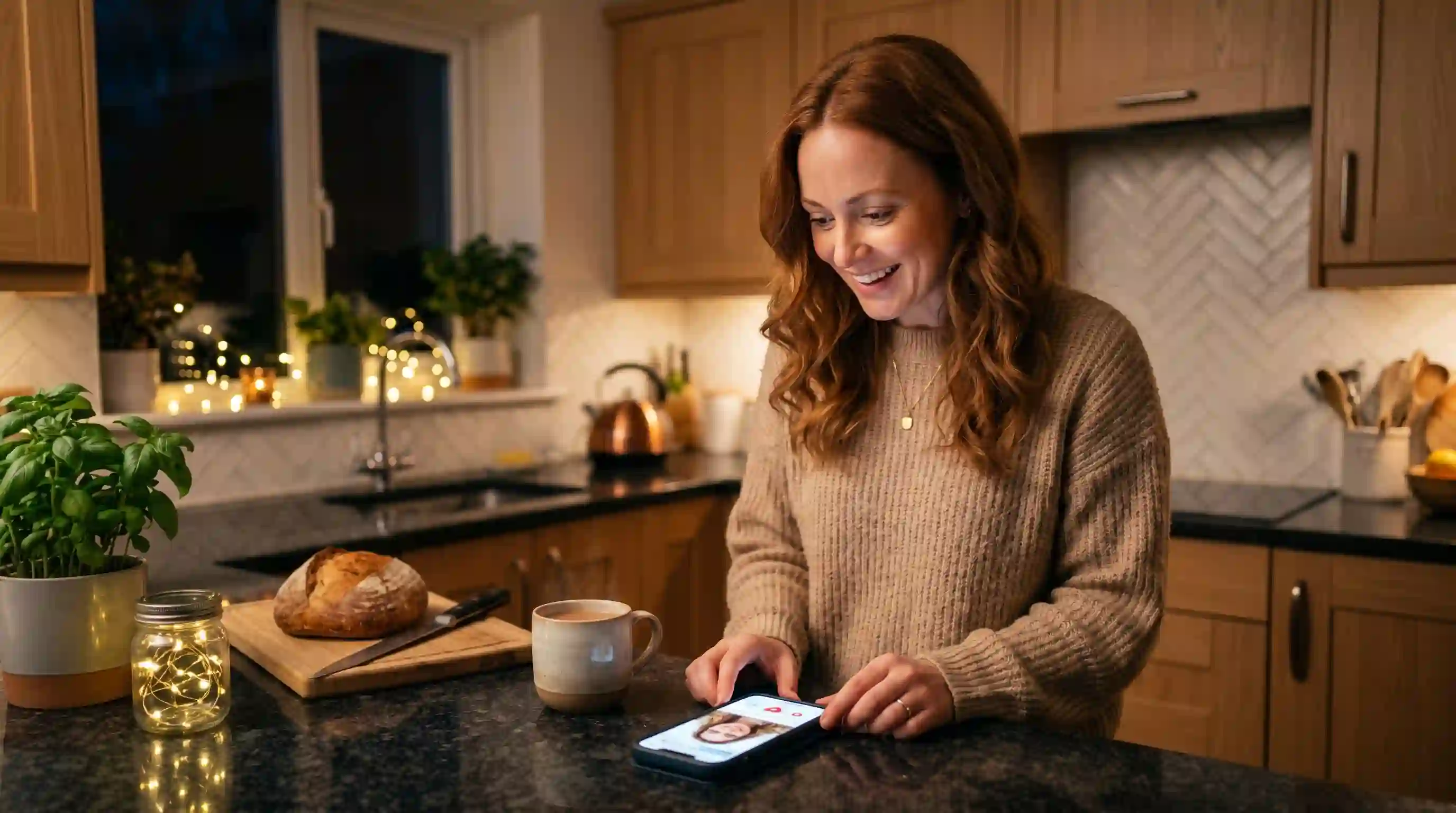 Woman looking surprised at her smartphone turning on by itself