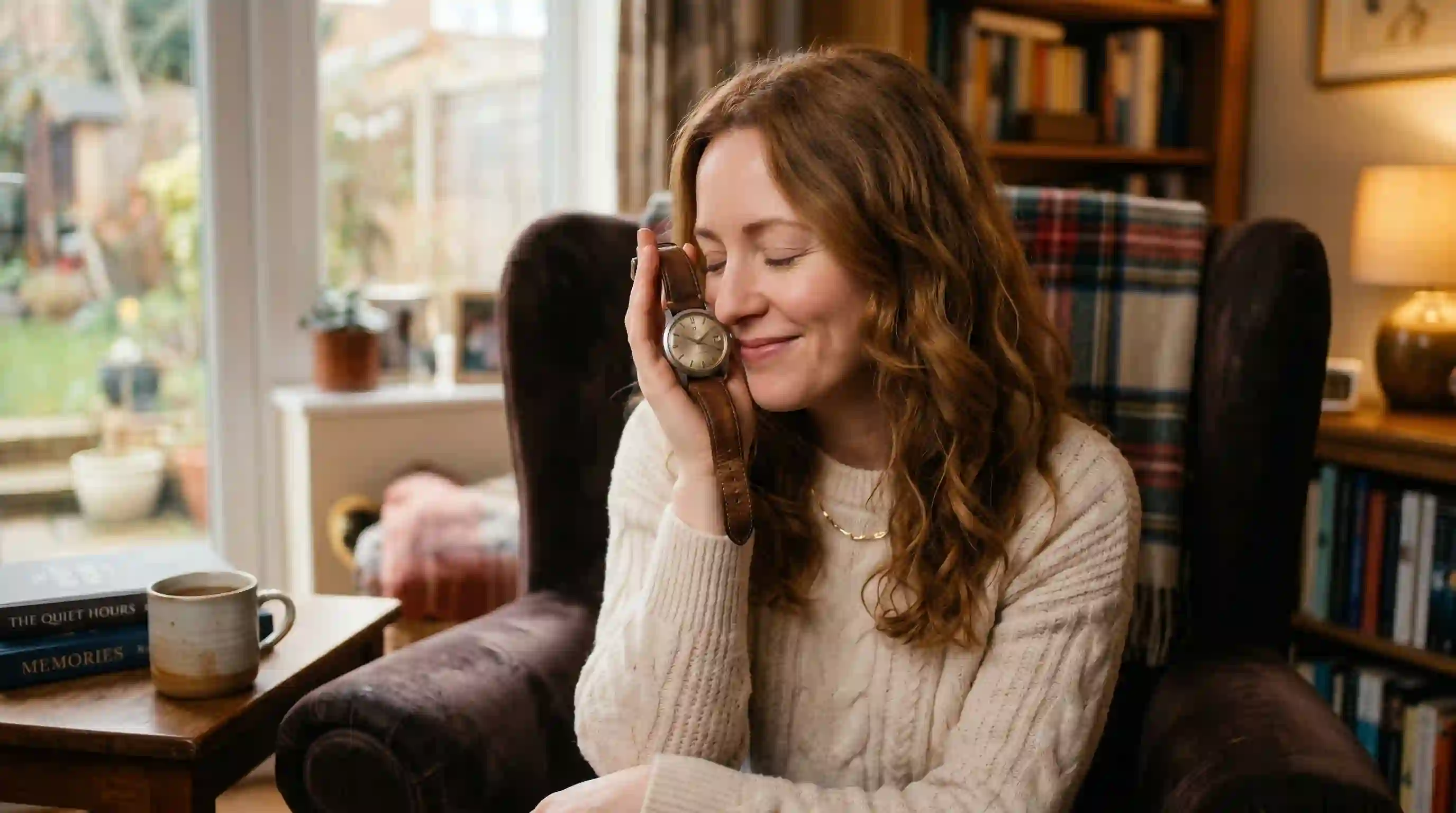 Woman holding a vintage item and experiencing a sudden comforting scent