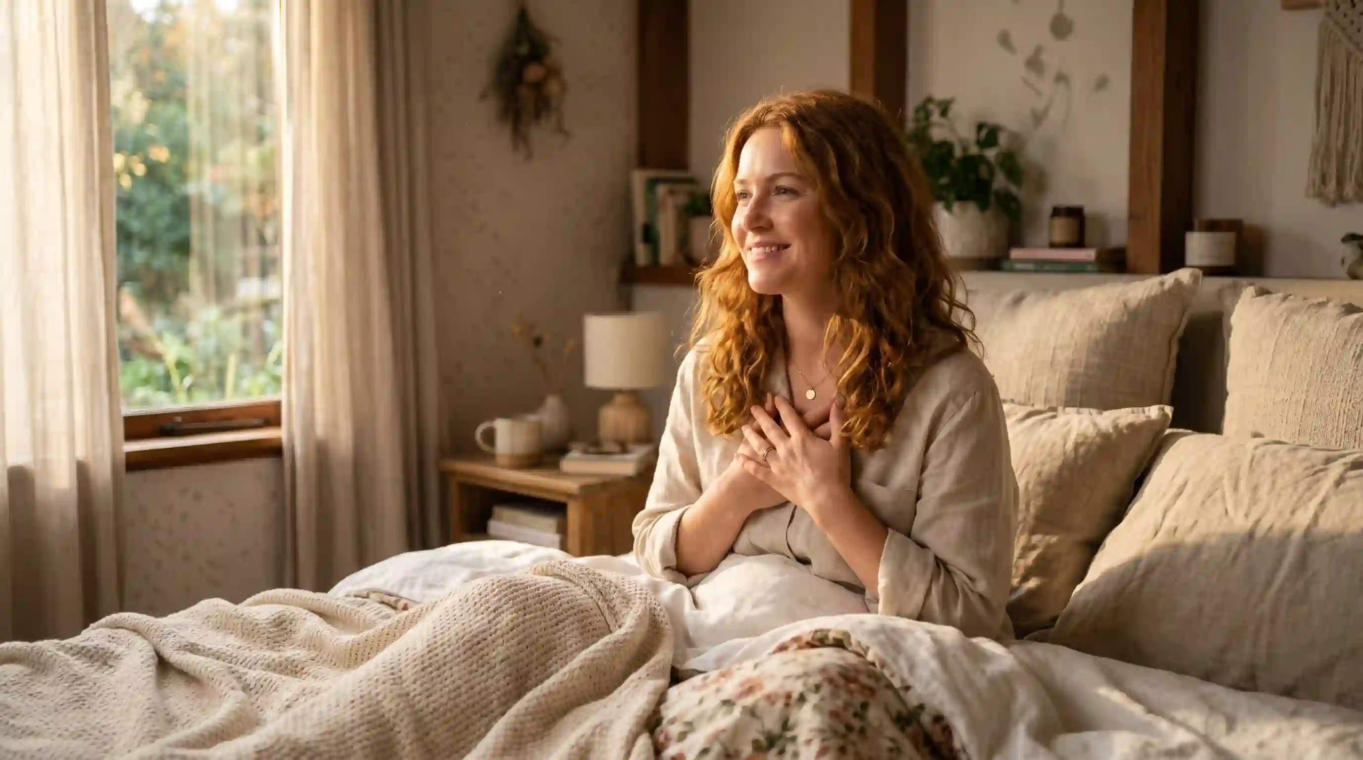 Woman waking up peacefully from a comforting dream in the morning light