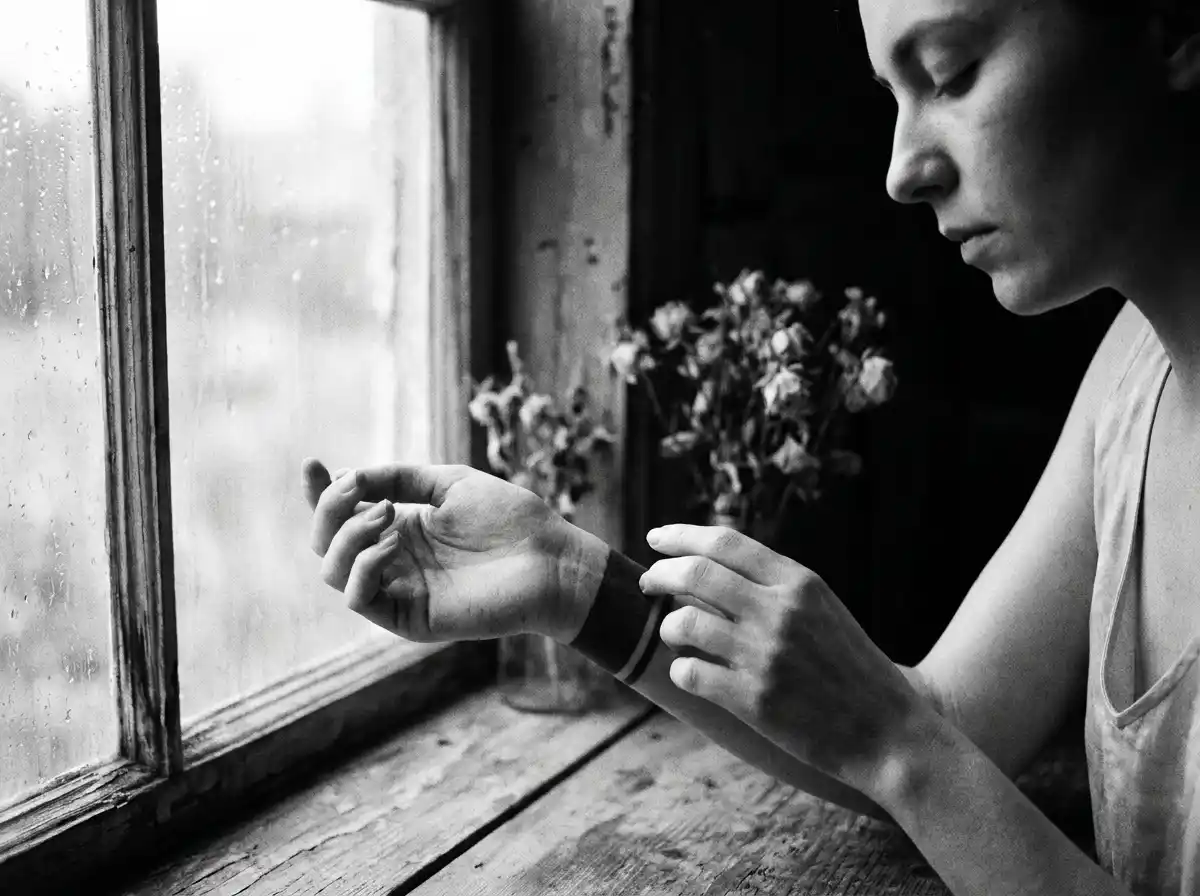 A contemplative person gently touching their wrist which features a solid black band tattoo